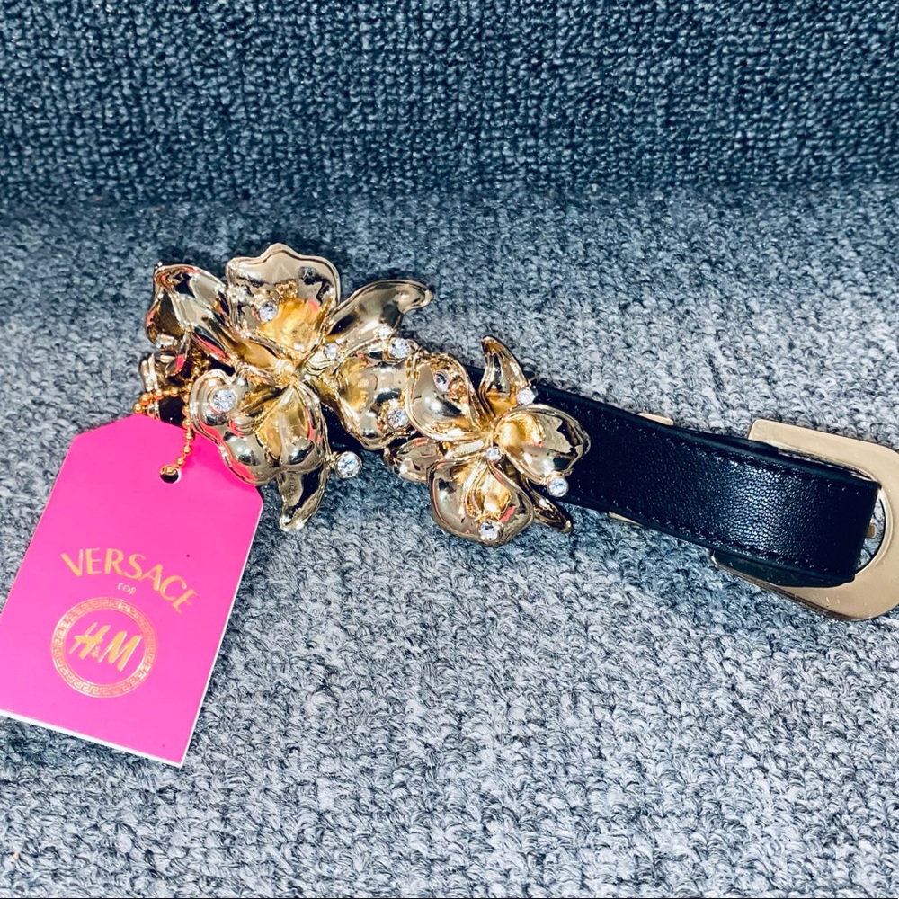 VERSACE for H&M Leather Choker with Flowers And Rhinestones Gold Black Limited